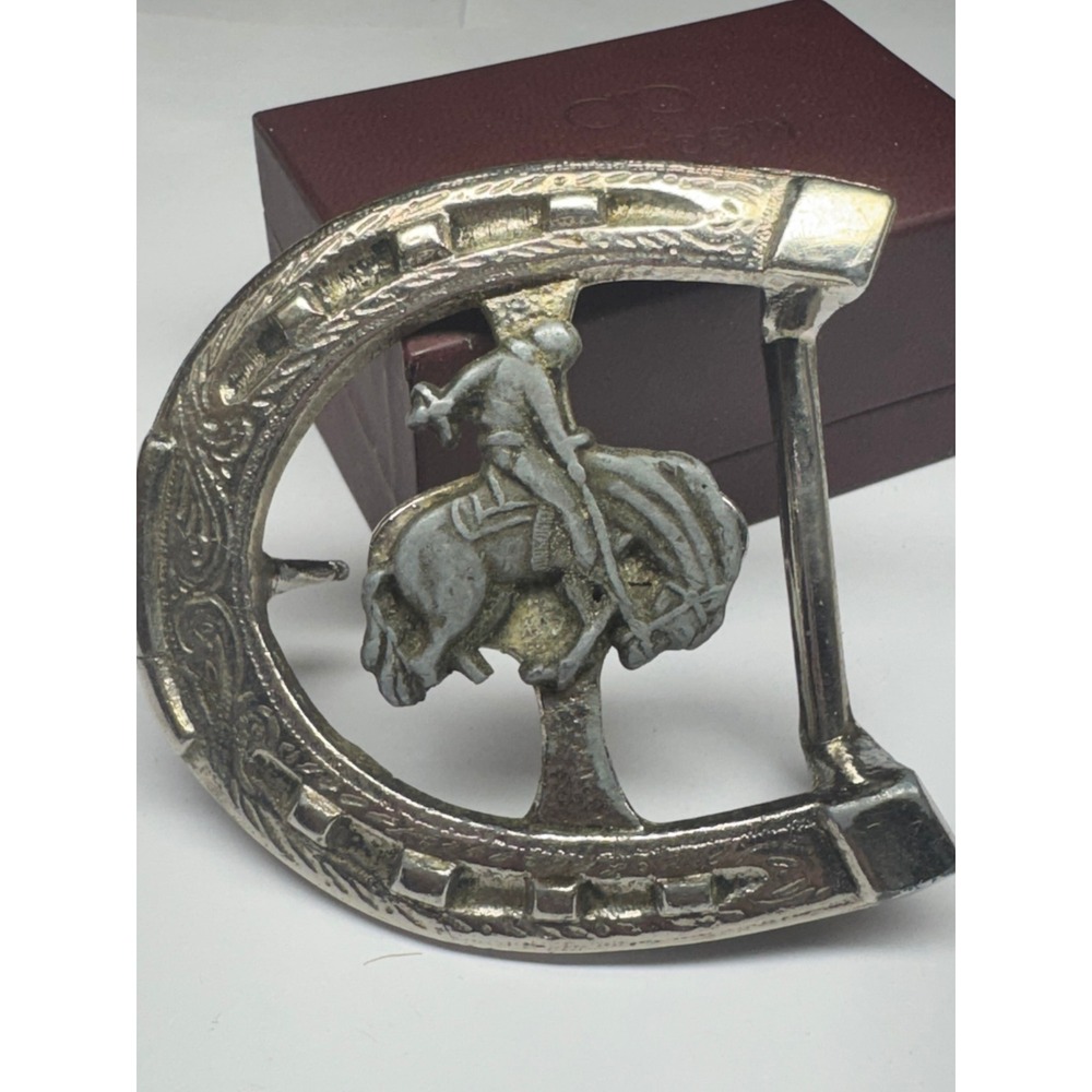 Western Bronco Rider Horseshoe Belt Buckle Silver Tone Engraved Cowboy